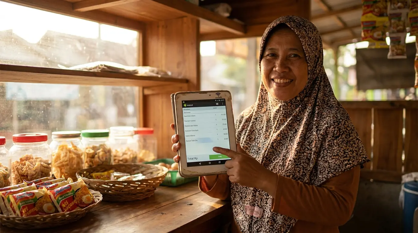 Pemilik warung memakai iPOS Offline di tablet